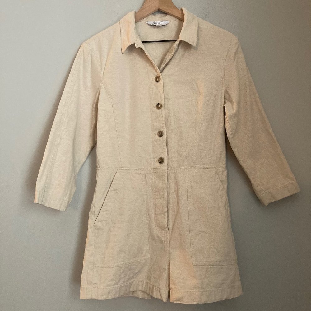 & Other Stories Womens Cotton Linen ¾ Sleeve Button Up Romper Sz 6 Beige Utility